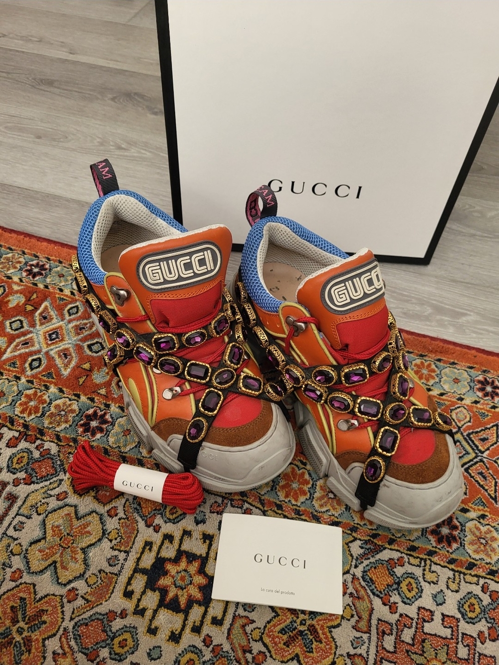 Gucci Orange Red Multi Leather Crystal-Strap Sneakers